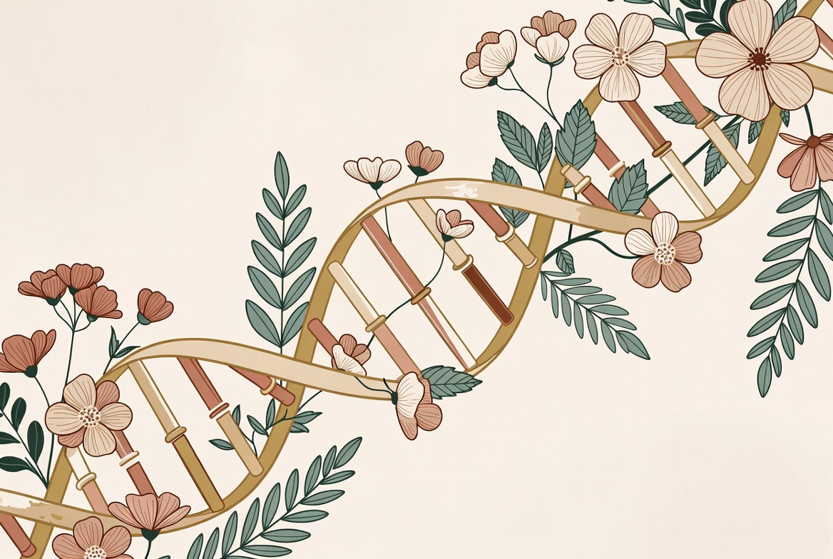Minimalist elegant illustration of delicate wildflowers and soft leaves growing along a subtle stylized DNA double helix. Warm cream, sage green and gentle terracotta palette. Clean, serene, and hopeful botanical style.